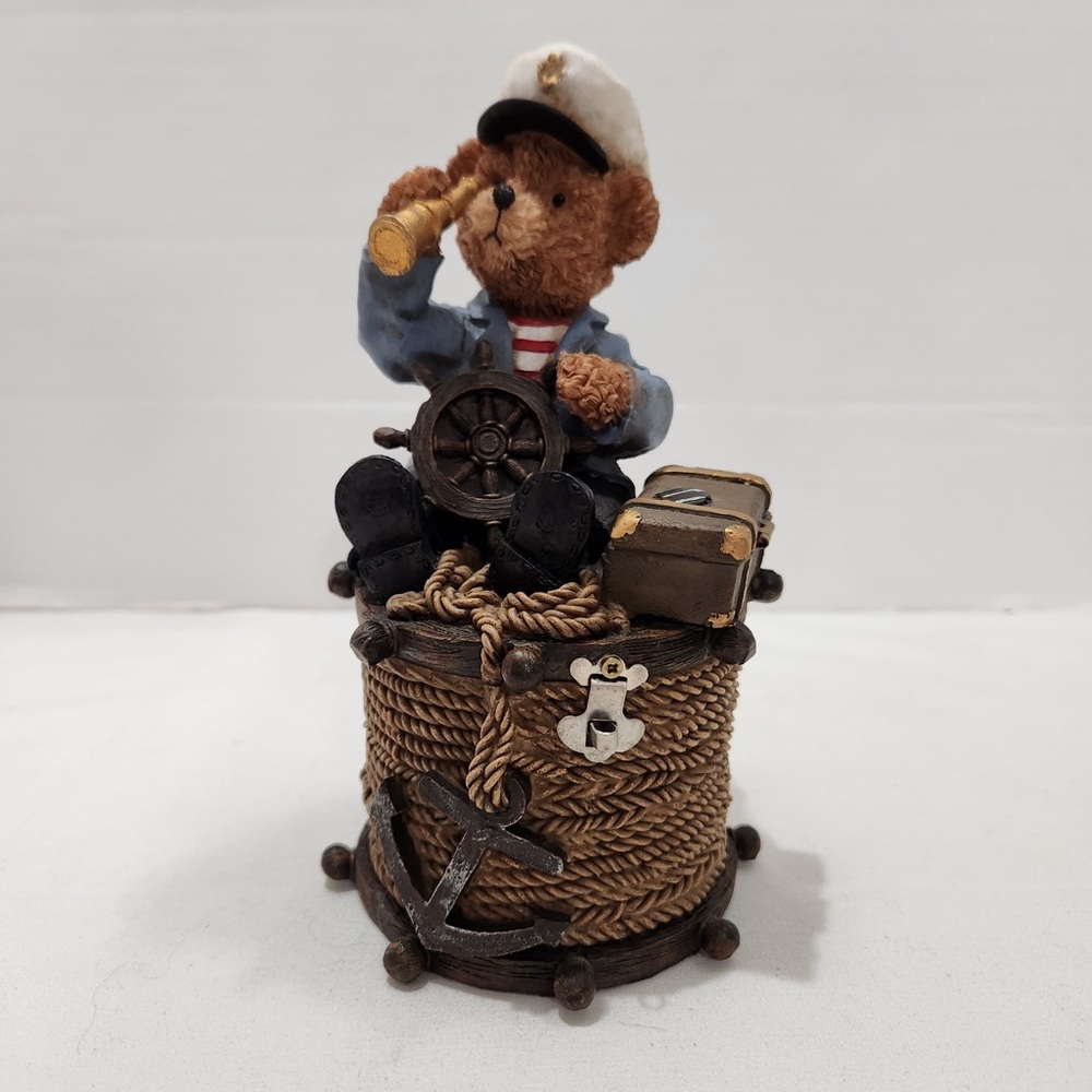 7” Sea Fairing Bear COIN PIGGY BANK Resin Nautical Treasure Chest w/Lock